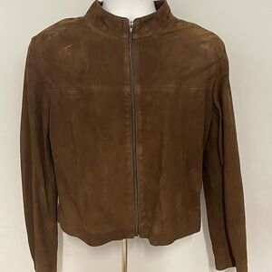 Women suede jacket brown zipper front modern fit